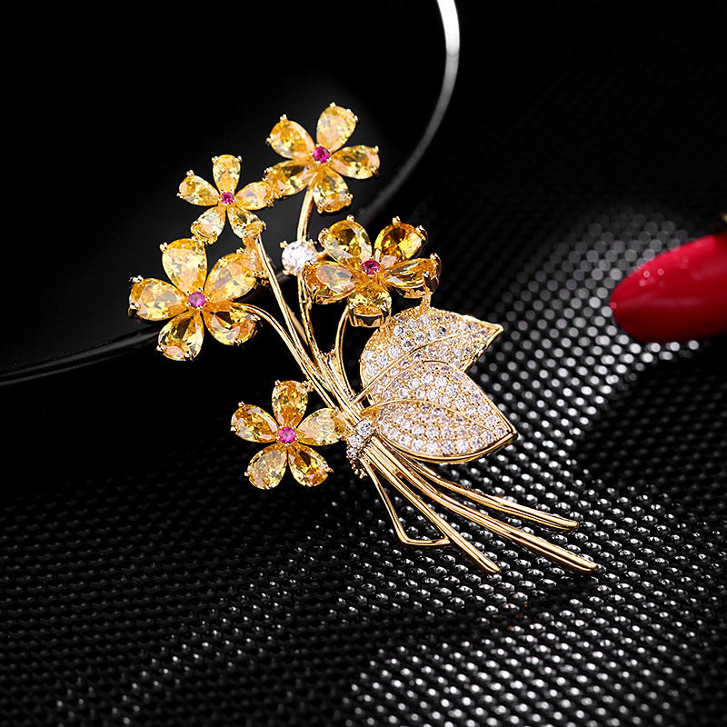 Korean fashion high-end micro-paved zircon flower bouquet collar buckle anti-exposure suit accessories colorful zirconium flower high-end brooch-Mix MIx Style