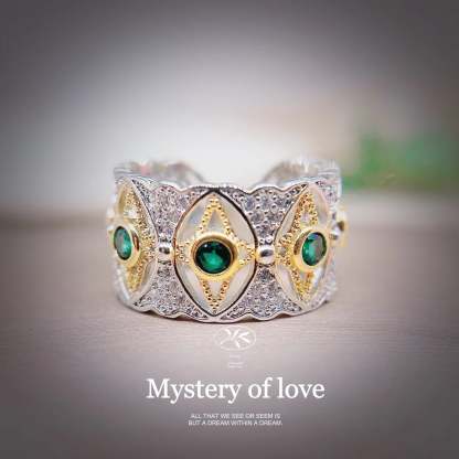 Green Stars Thick Antique  Retro Round Diamonds Luxury 18k White Gold Plated Ring Jewelry | Mix Mix Style-Mix MIx Style