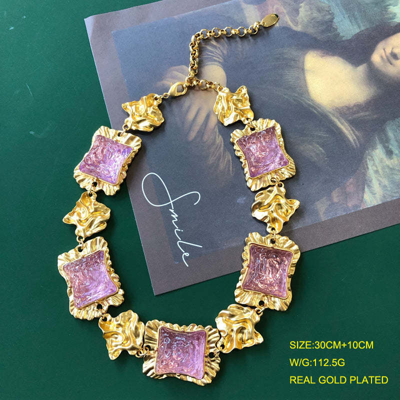 Square Pink Vintage Retro Elegant Luxury 18k Gold Plated Necklace Earring Bracelet Jewelry Set | Mix Mix Style-Mix MIx Style