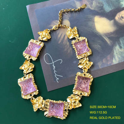 Square Pink Vintage Retro Elegant Luxury 18k Gold Plated Necklace Earring Bracelet Jewelry Set | Mix Mix Style-Mix MIx Style