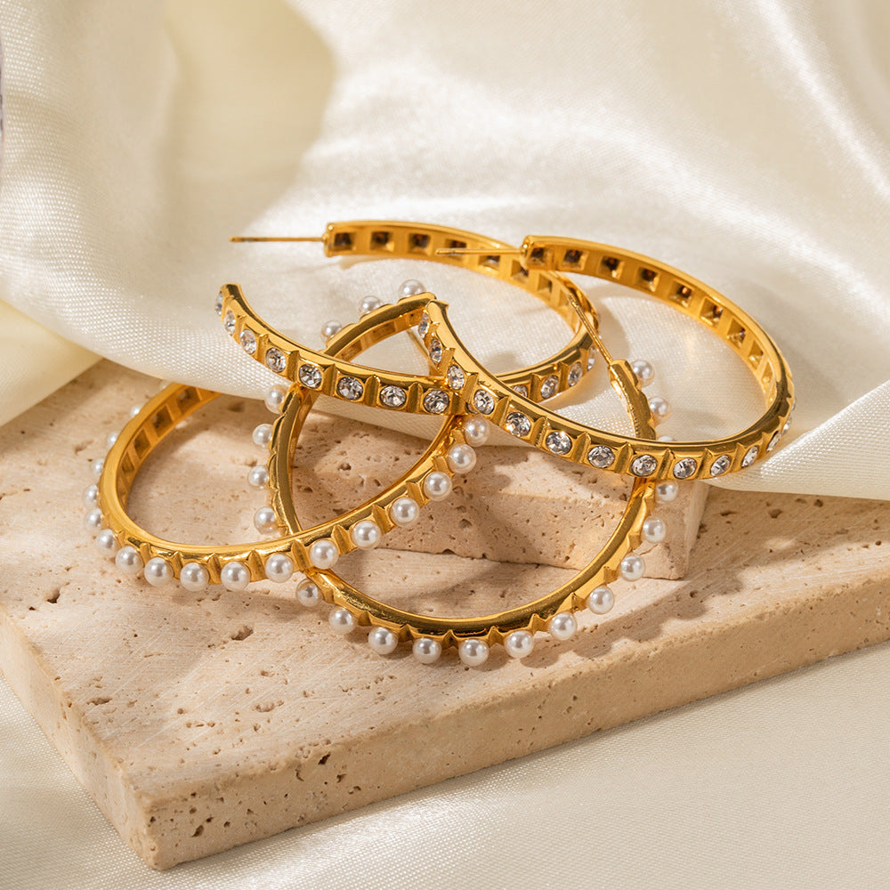 Classic White Akoya Pearls & Moissanite Diamonds Elegant 18k Vermeil Gold Plated Vintage Retro Hoop Earrings | Mix Mix Style-Mix MIx Style