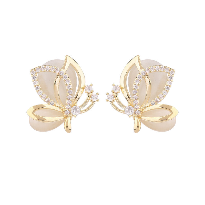 s925 silver needle niche temperament fashion high-end new earrings super fairy sweet temperament cat's eye stone butterfly earrings-Mix MIx Style