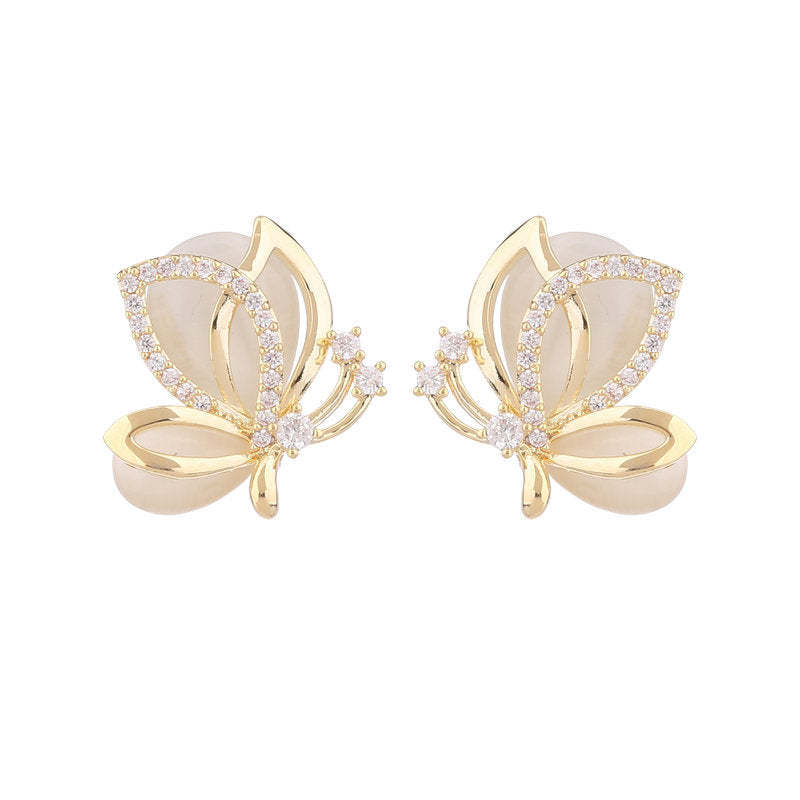s925 silver needle niche temperament fashion high-end new earrings super fairy sweet temperament cat's eye stone butterfly earrings-Mix MIx Style