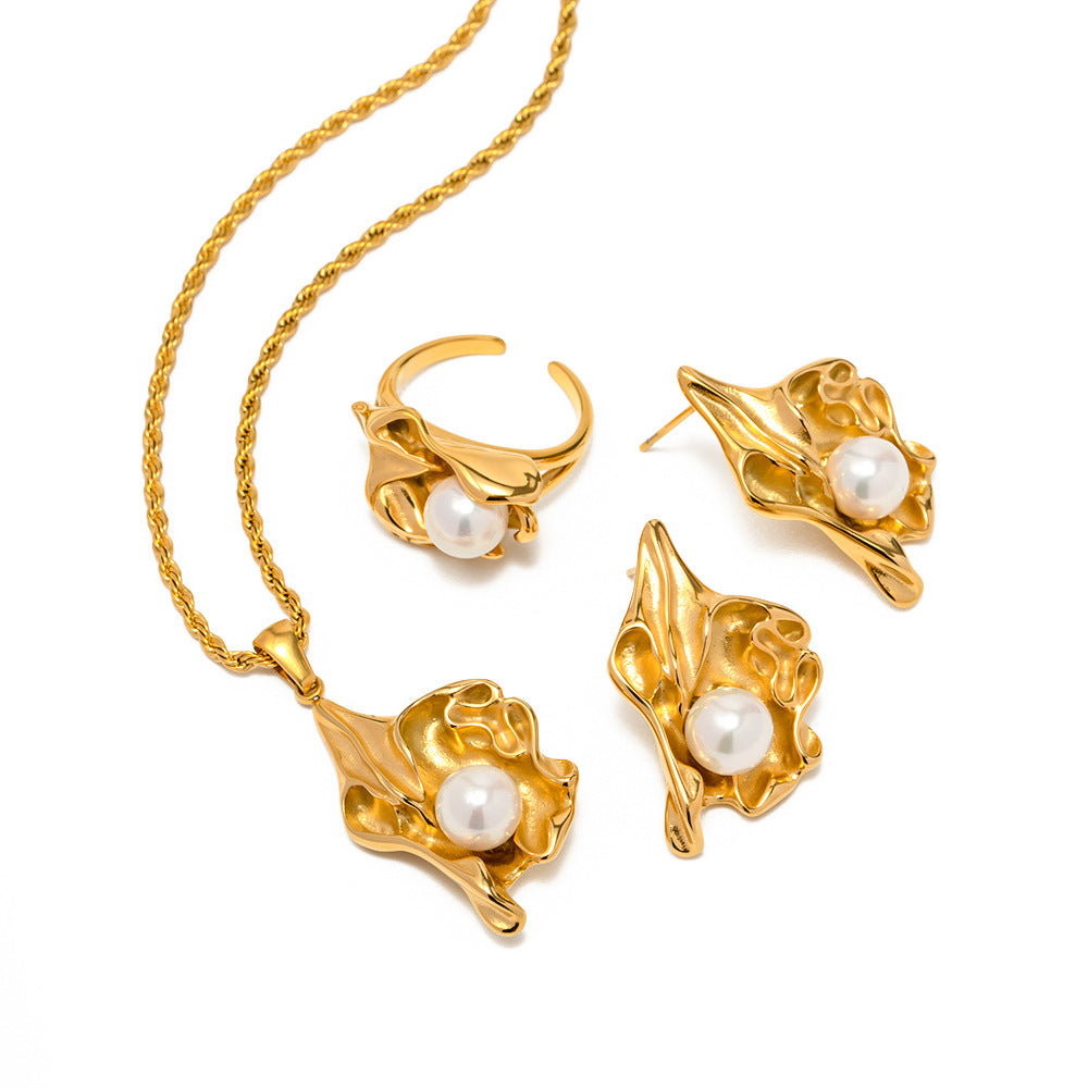 Seashell Classic Akoya Pearl Pendant Luxury 18k Gold Plated Necklace Earring & Ring Jewelry Set | Mix Mix Style-Mix MIx Style