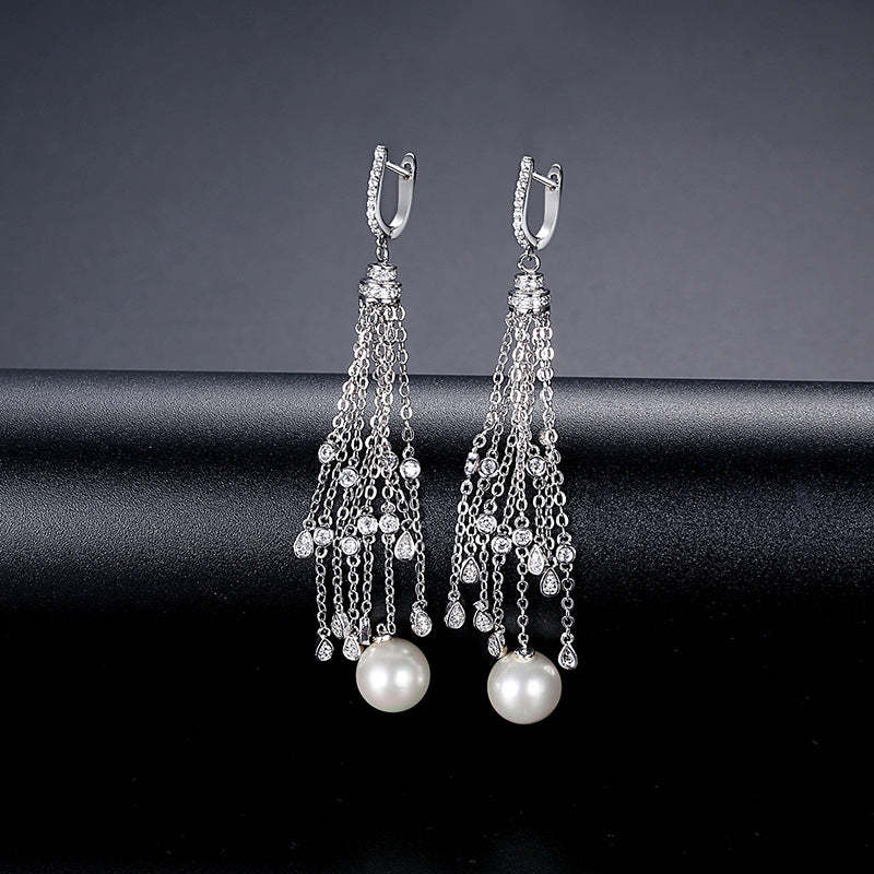 Jinse long tassel earrings ethnic style zircon imitation pearl earrings earrings Korean natural style ladies jewelry-Mix MIx Style
