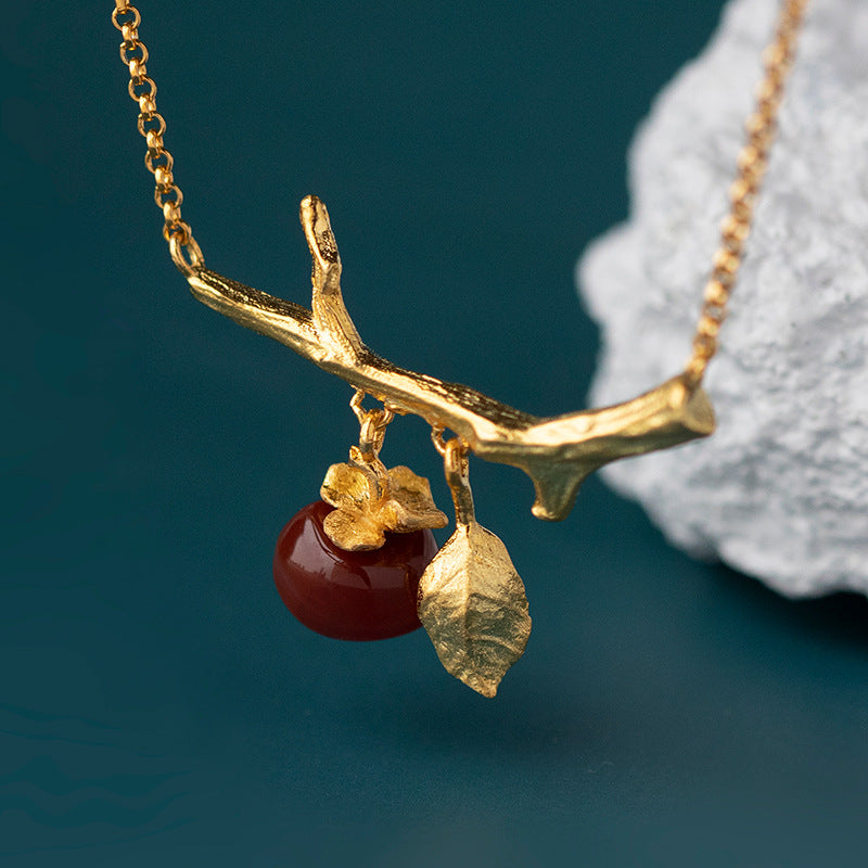 Red Retro Fruit Branch Leaf Pendant Gemstone Elegant 18k Vermeil Gold Plated Necklace Jewelry | Mix Mix Style-Mix MIx Style