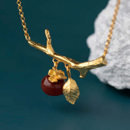 Red Retro Fruit Branch Leaf Pendant Gemstone Elegant 18k Vermeil Gold Plated Necklace Jewelry | Mix Mix Style-Mix MIx Style