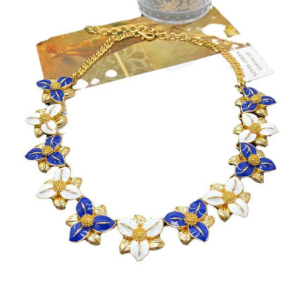 Blue Flowers Vintage Diamond Luxury 18k Vermeil Gold Plated Necklace Earrings Jewelry Set | Mix Mix Style-Mix MIx Style