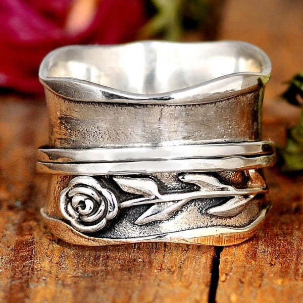Classic Rose Carved Retro 18k White Gold Plated Chunky Anxiety Ring | 