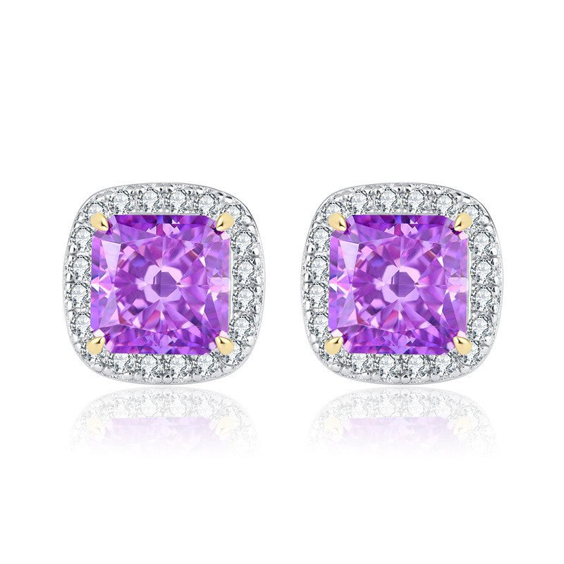 Purple - Blue - Yellow Classic Cushion Cut Moissanite Diamonds 2ct Luxury 18k White Gold Plated Stud Earrings | Mix Mix Style-Mix MIx Style