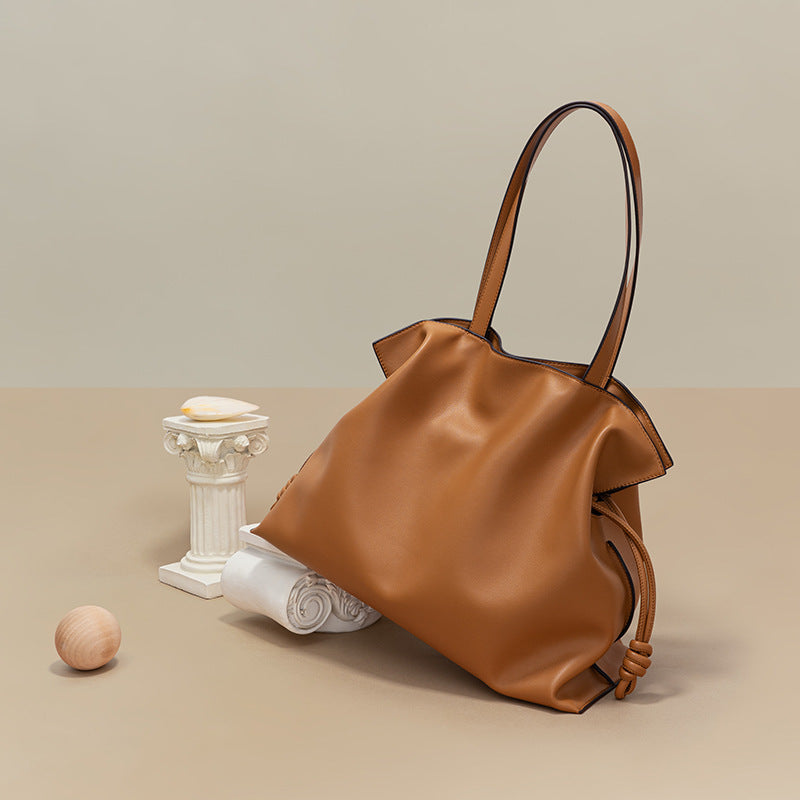 Bags new cowhide blessing bag leather women's bag pleated shoulder bag drawstring large bag | Mix Mix Style [Hot Seller]-Mix MIx Style