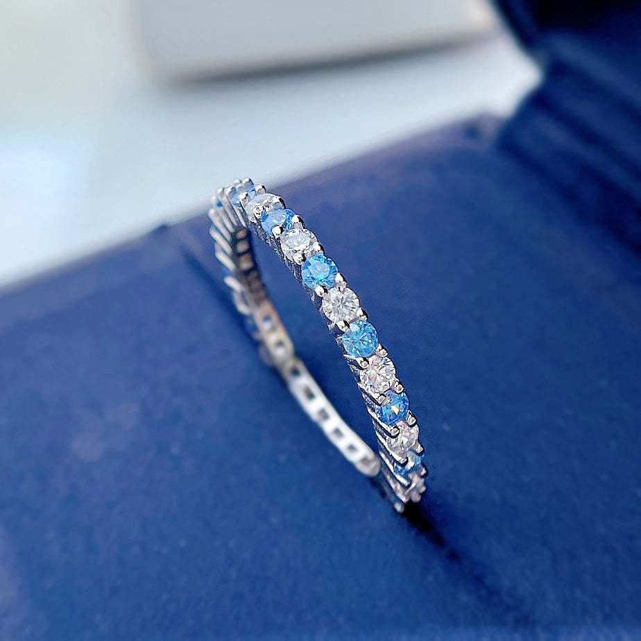 Colorful Dainty Round Cut Moissanite Diamonds Row 18k White Gold Engagement Band Ring | Mix Mix Style-Mix MIx Style