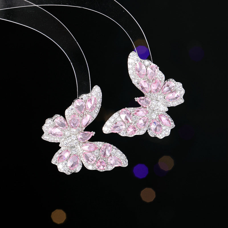 New European and American earrings heavy-duty high-grade color zircon earrings for women with atmospheric s925 silver needle three-dimensional butterfly earrings-Mix MIx Style