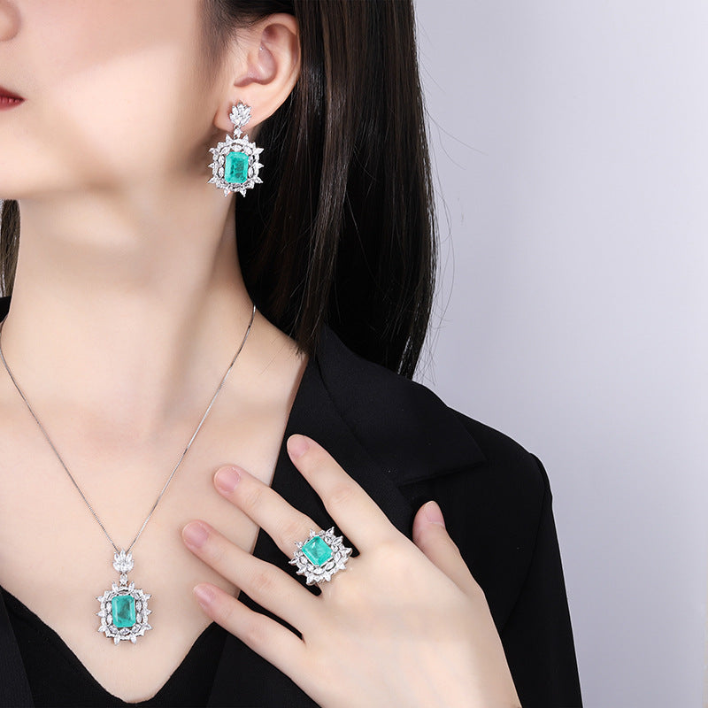 Green Aquamarine Retro Pendant Emerald Cut Diamond Luxury 18k White Gold Plated Necklace Earring Ring Jewelry Set | Mix Mix Style-Mix MIx Style