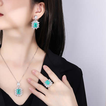 Green Aquamarine Retro Pendant Emerald Cut Diamond Luxury 18k White Gold Plated Necklace Earring Ring Jewelry Set | Mix Mix Style-Mix MIx Style