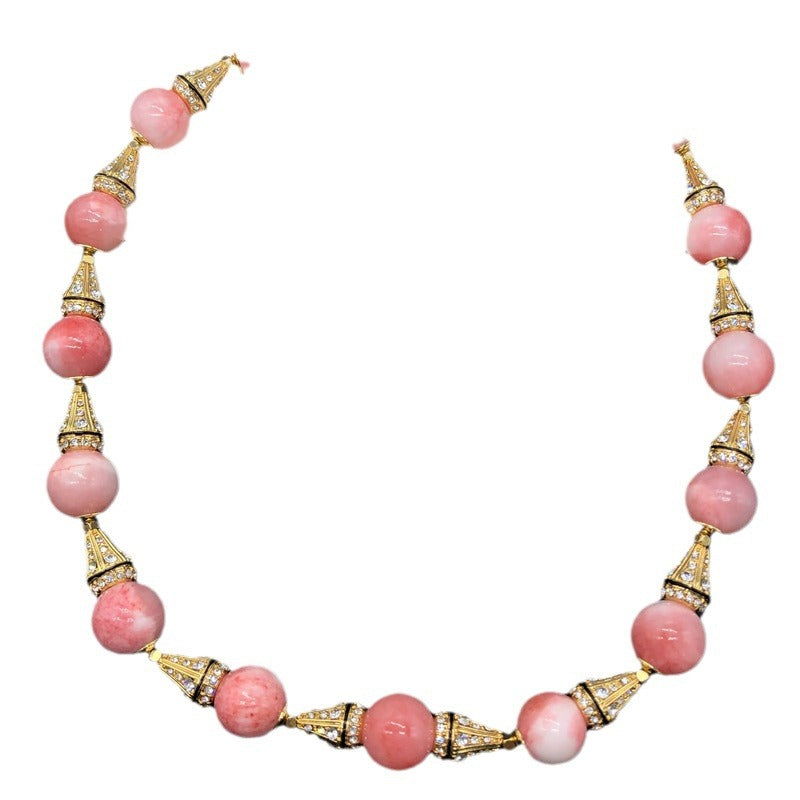Pink Round Beads Retro Classic Luxury 18k Vermeil Gold Plated Necklace Earrings Jewelry Set | Mix Mix Style-Mix MIx Style
