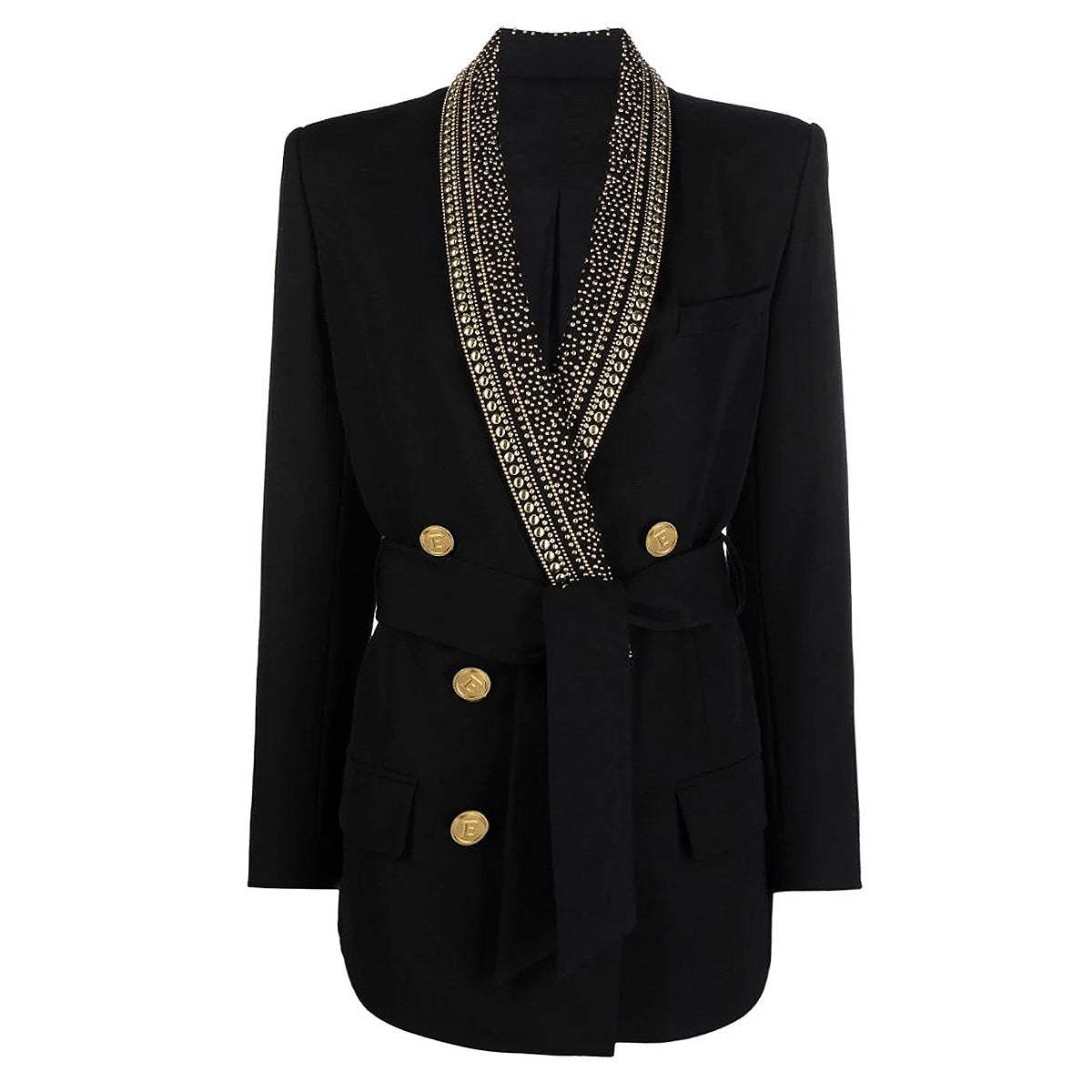 Ready stock 2024 autumn and winter fashion new style gold foil belt green collar medium and long women's suit jacket black and white-Mix MIx Style