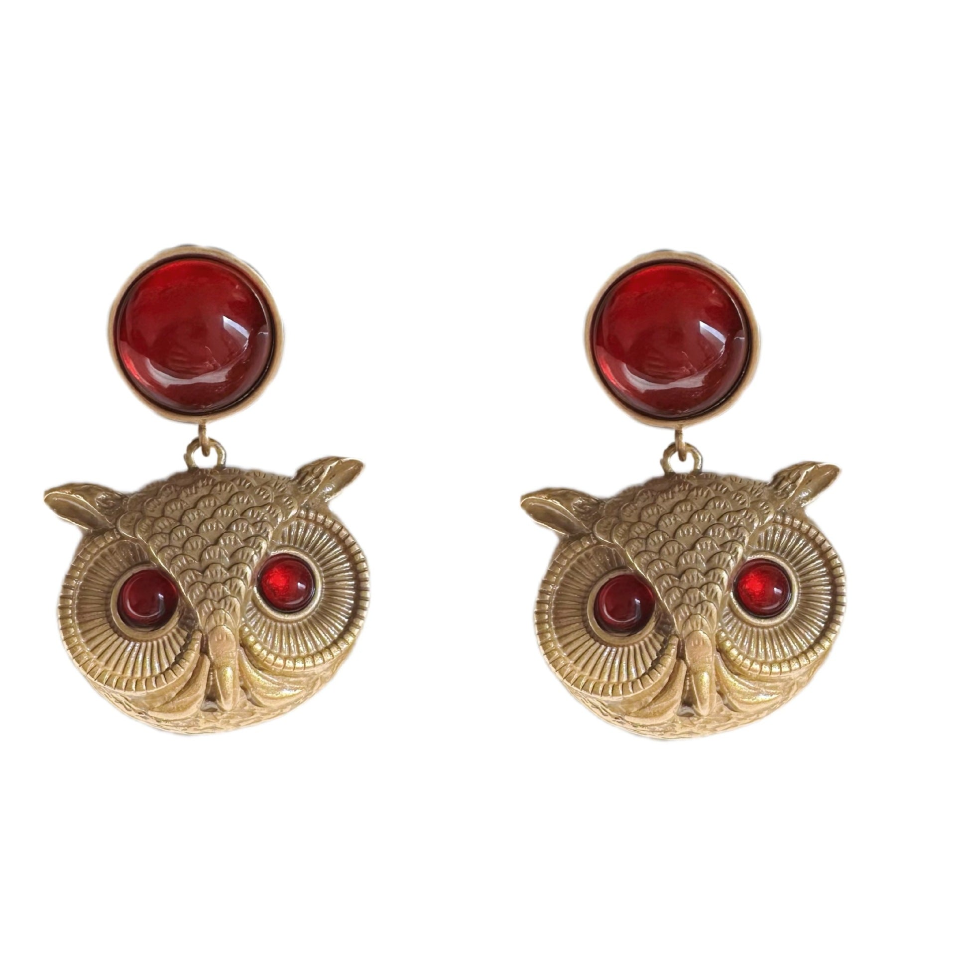 Owl Bird Shaped Timeless Red Round Moissanite Diamonds 18k Vermeil Gold Plated Drop Earrings | Mix Mix Style-Mix MIx Style