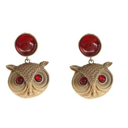 Owl Bird Shaped Timeless Red Round Moissanite Diamonds 18k Vermeil Gold Plated Drop Earrings | Mix Mix Style-Mix MIx Style