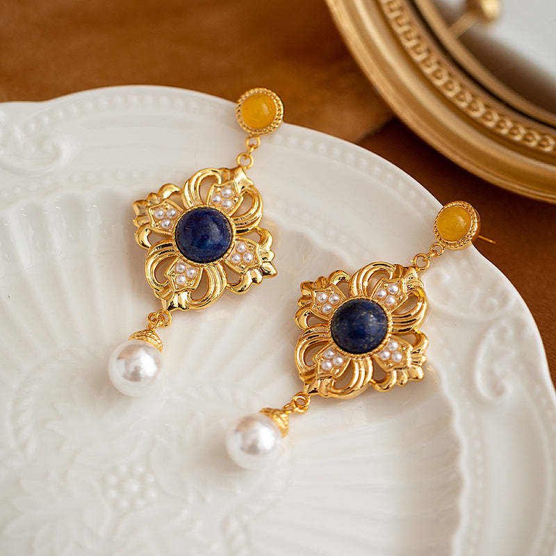 Pearl earrings for women, retro hollow palace style, lapis lazuli earrings, personality, temperament, niche design, high-end earrings-Mix MIx Style