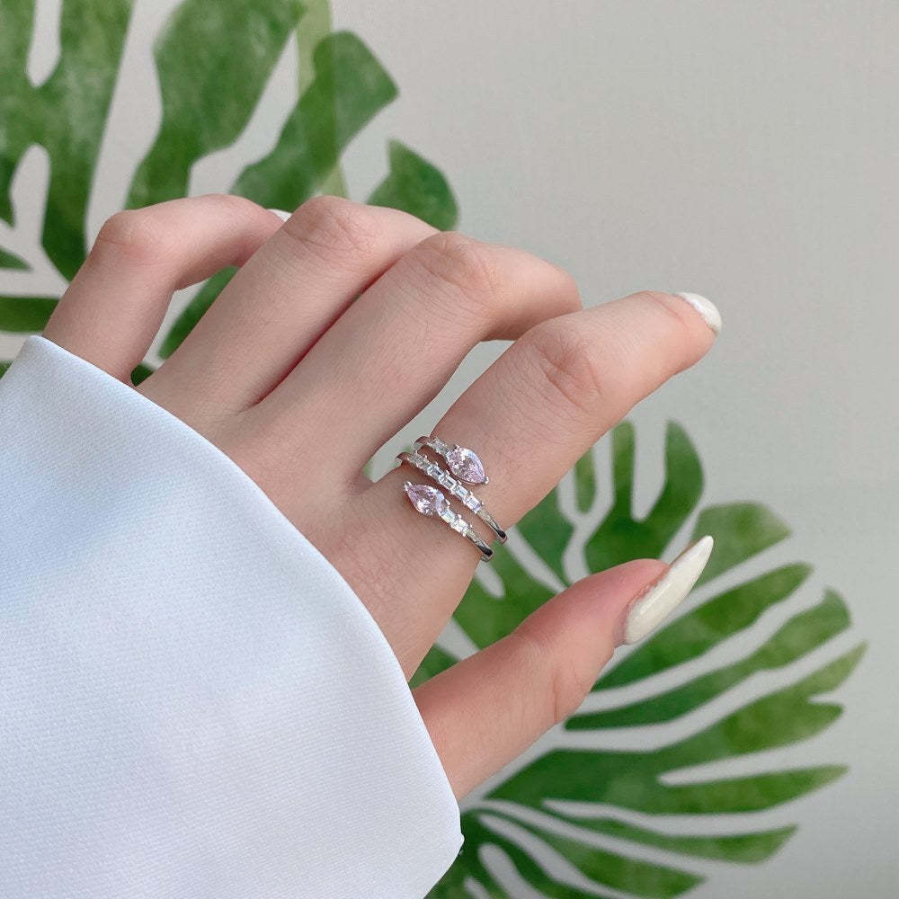 Three Way Pink Pear Cut Moissanite Diamonds 18k White Gold Plated Engagement Ring | Mix Mix Style-Mix MIx Style