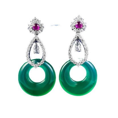 Circle Green & Pink Trendy Moissanite Diamonds Luxury 18k White Gold Plated Drop Earrings | Mix Mix Style-Mix MIx Style