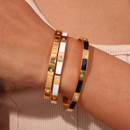 European and American cross-border hot selling rectangular zircon open bracelet simple stainless steel plated 18K gold dripping oil hand jewelry for women-Mix MIx Style