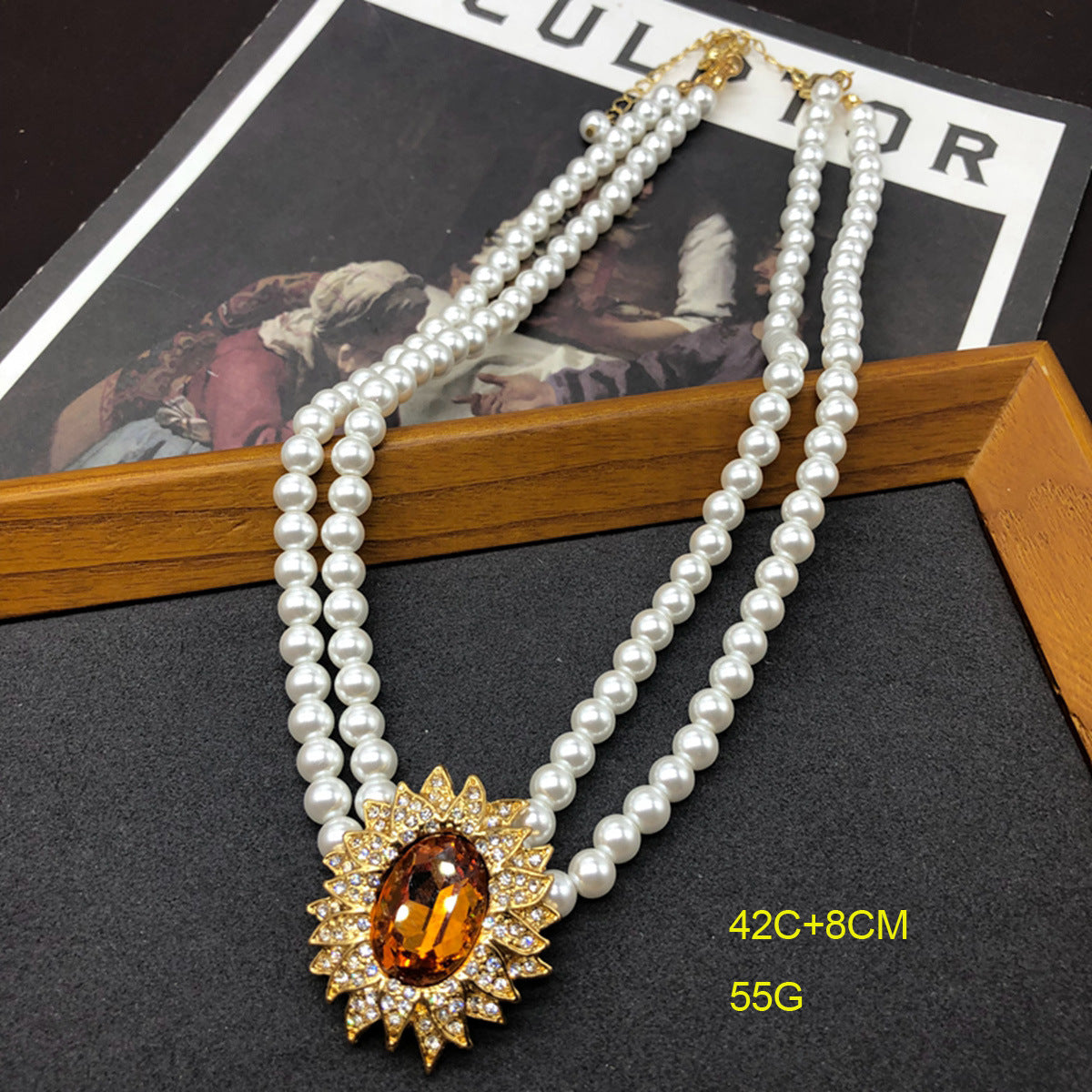 Orange Vintage Retro Pendant Oval Cut Diamond Akoya Pearls Luxury 18k Gold Plated Necklace Earrings Set | Mix Mix Style-Mix MIx Style