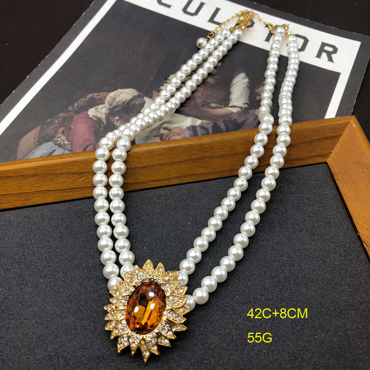 Orange Vintage Retro Pendant Oval Cut Diamond Akoya Pearls Luxury 18k Gold Plated Necklace Earrings Set | Mix Mix Style-Mix MIx Style