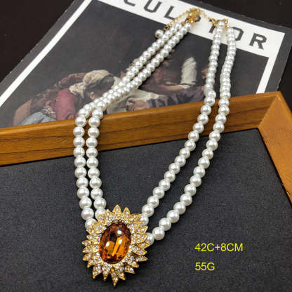 Orange Vintage Retro Pendant Oval Cut Diamond Akoya Pearls Luxury 18k Gold Plated Necklace Earrings Set | Mix Mix Style-Mix MIx Style