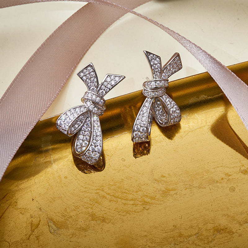 2022 autumn and winter new three-dimensional bow earrings s925 silver micro-inlaid gold-plated French light luxury temperament women's earrings-Mix MIx Style