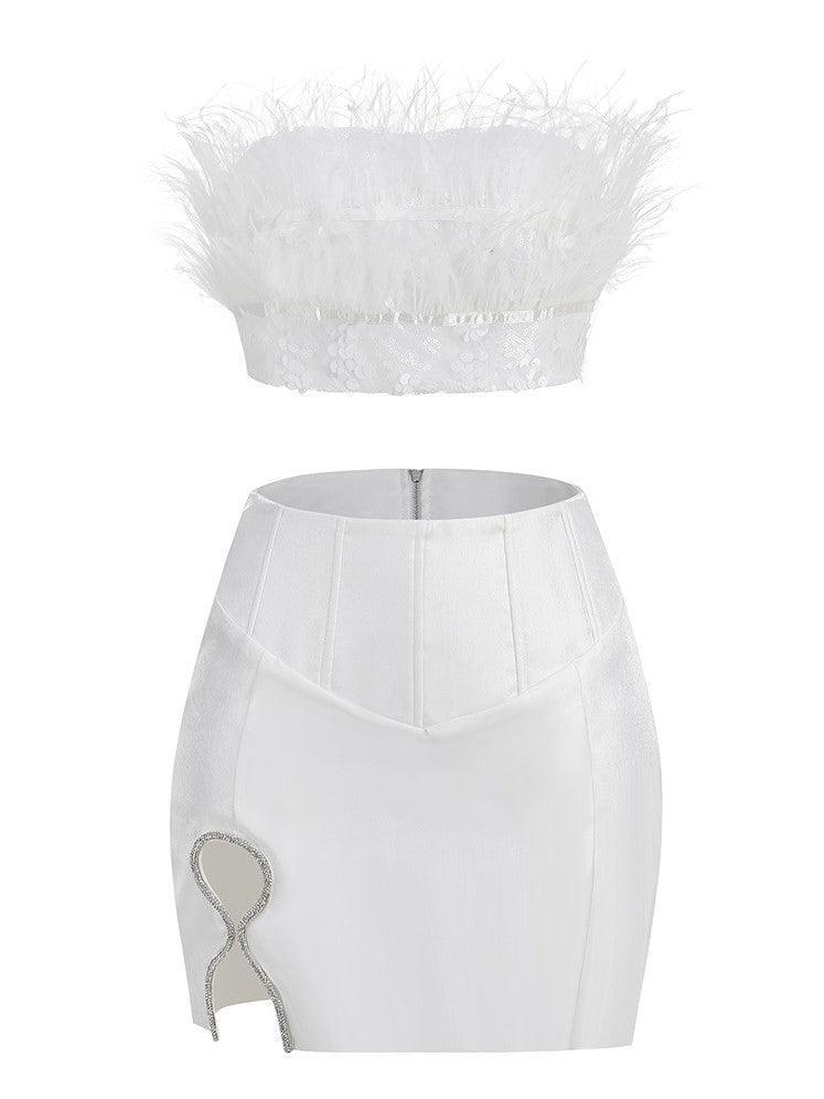 White Crop Feather & Mini Skirt Set | Mix Mix Style [Hot Seller]-Mix MIx Style