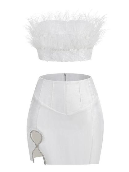 White Crop Feather & Mini Skirt Set | Mix Mix Style [Hot Seller]-Mix MIx Style