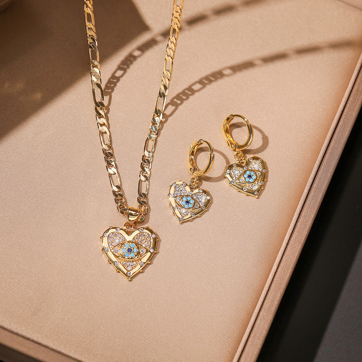 Aogu cross-border INS fashion personality copper plated real gold zircon devil's eye love pendant necklace earrings set-Mix MIx Style