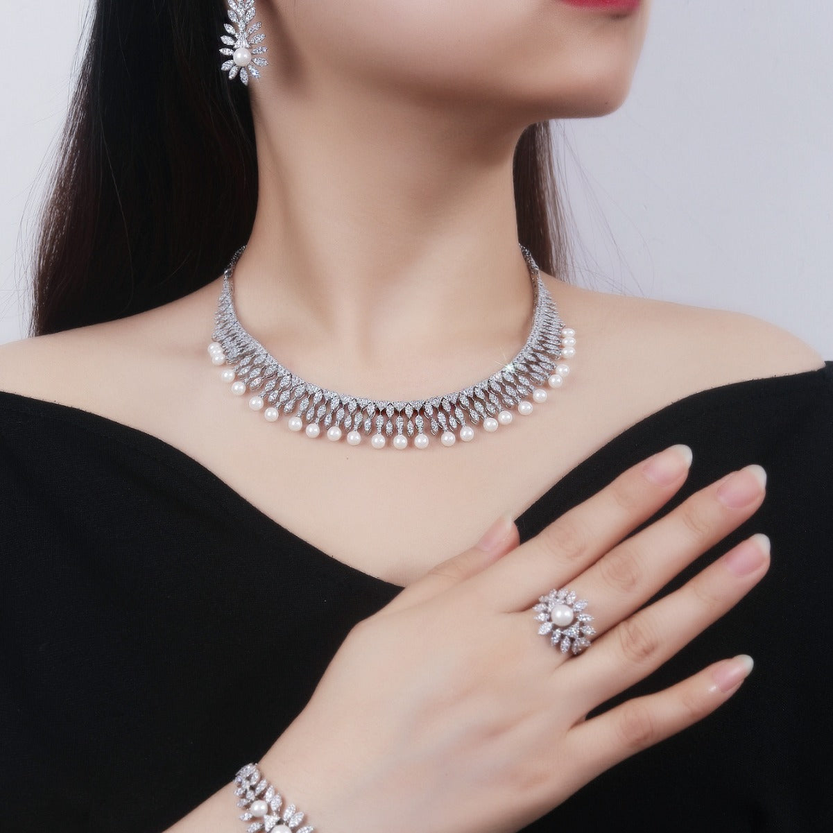 Wedding language European and American four-piece white gold fashionable cubic zirconia luxury elegant necklace earrings bracelet ring-Mix MIx Style