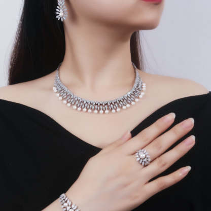 Wedding language European and American four-piece white gold fashionable cubic zirconia luxury elegant necklace earrings bracelet ring-Mix MIx Style