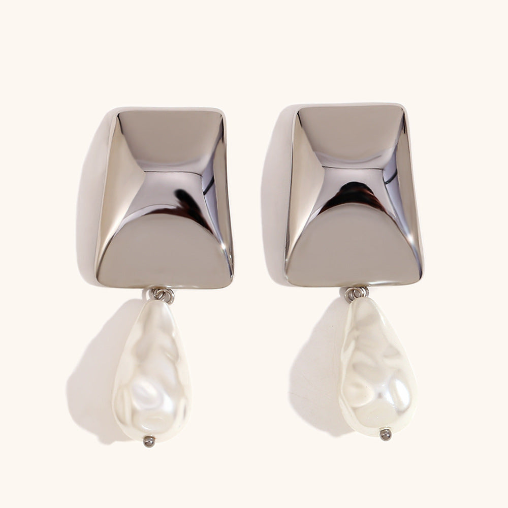 Geometric Classic White Akoya Pearl Elegant 18k Vermeil/White Gold Plated Vintage Retro Drop Earrings | Mix Mix Style-Mix MIx Style