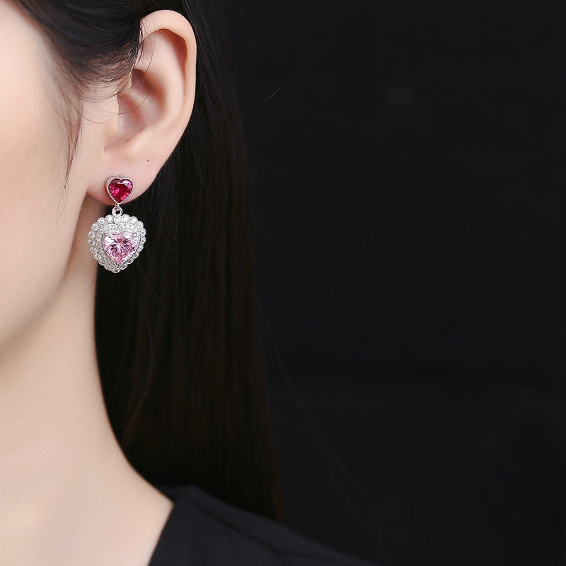 S925 sterling silver love cherry blossom pink gem earrings female heart-shaped earrings hot girl temperament high-end light luxury earrings-Mix MIx Style