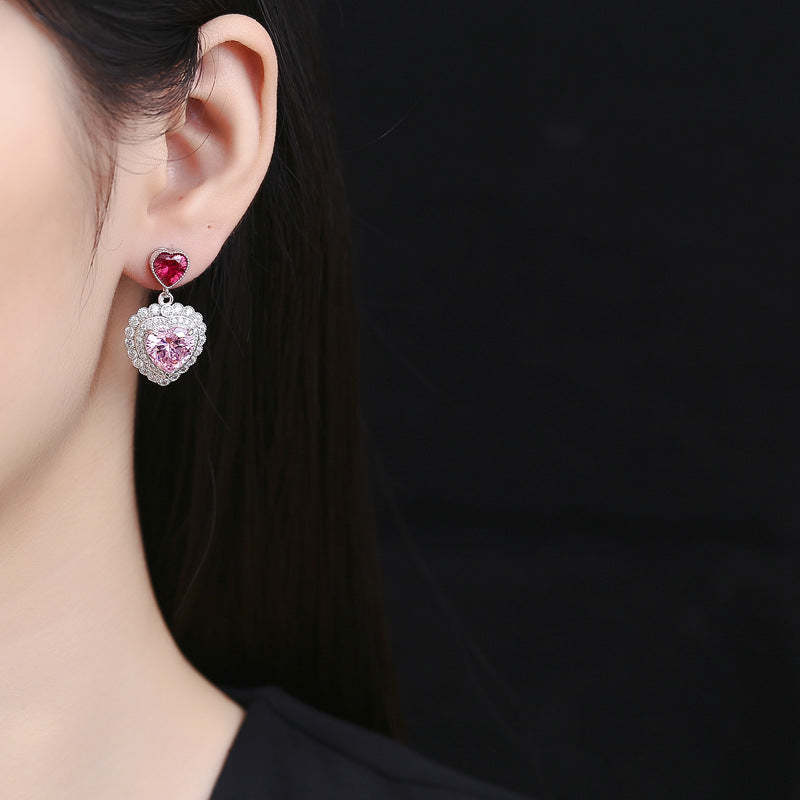 S925 sterling silver love cherry blossom pink gem earrings female heart-shaped earrings hot girl temperament high-end light luxury earrings-Mix MIx Style