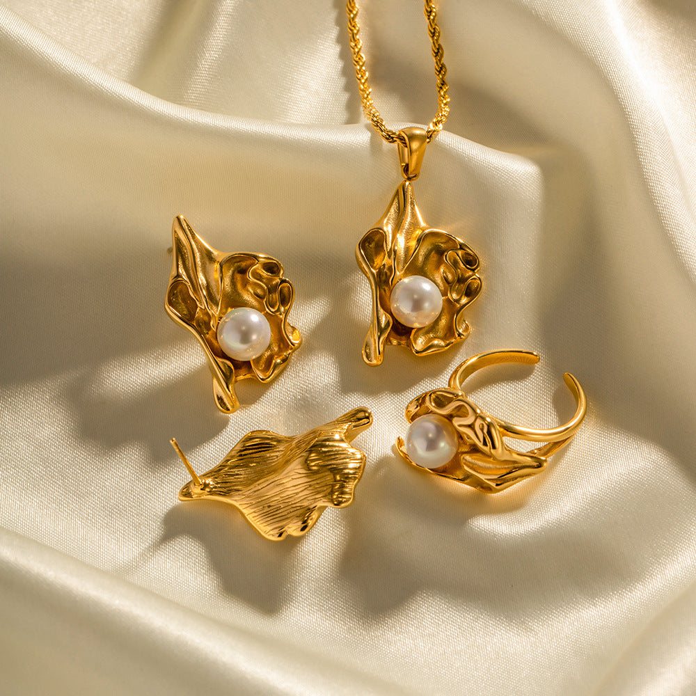 Seashell Classic Akoya Pearl Pendant Luxury 18k Gold Plated Necklace Earring & Ring Jewelry Set | Mix Mix Style-Mix MIx Style