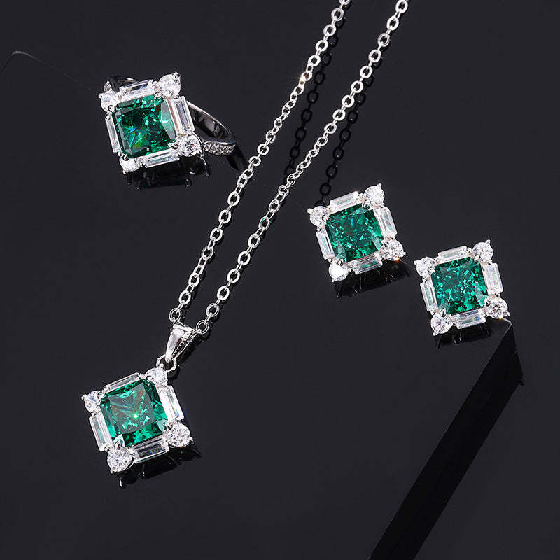 2023 New S925 Silver High Carbon Emerald Green Diamond Princess Cut Diamond Set Female Main Stone 8*8-7*7-Mix MIx Style