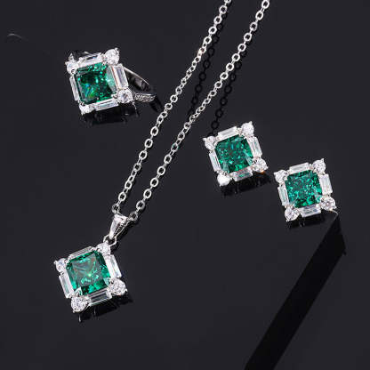 2023 New S925 Silver High Carbon Emerald Green Diamond Princess Cut Diamond Set Female Main Stone 8*8-7*7-Mix MIx Style
