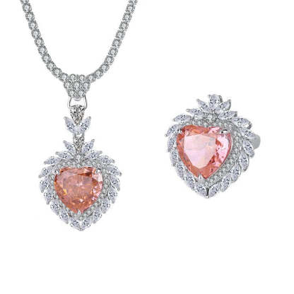 Douyin's best-selling style, elegant and dignified high-carbon diamond ring Padparadscha heart-shaped ring pendant set S925 silver-Mix MIx Style