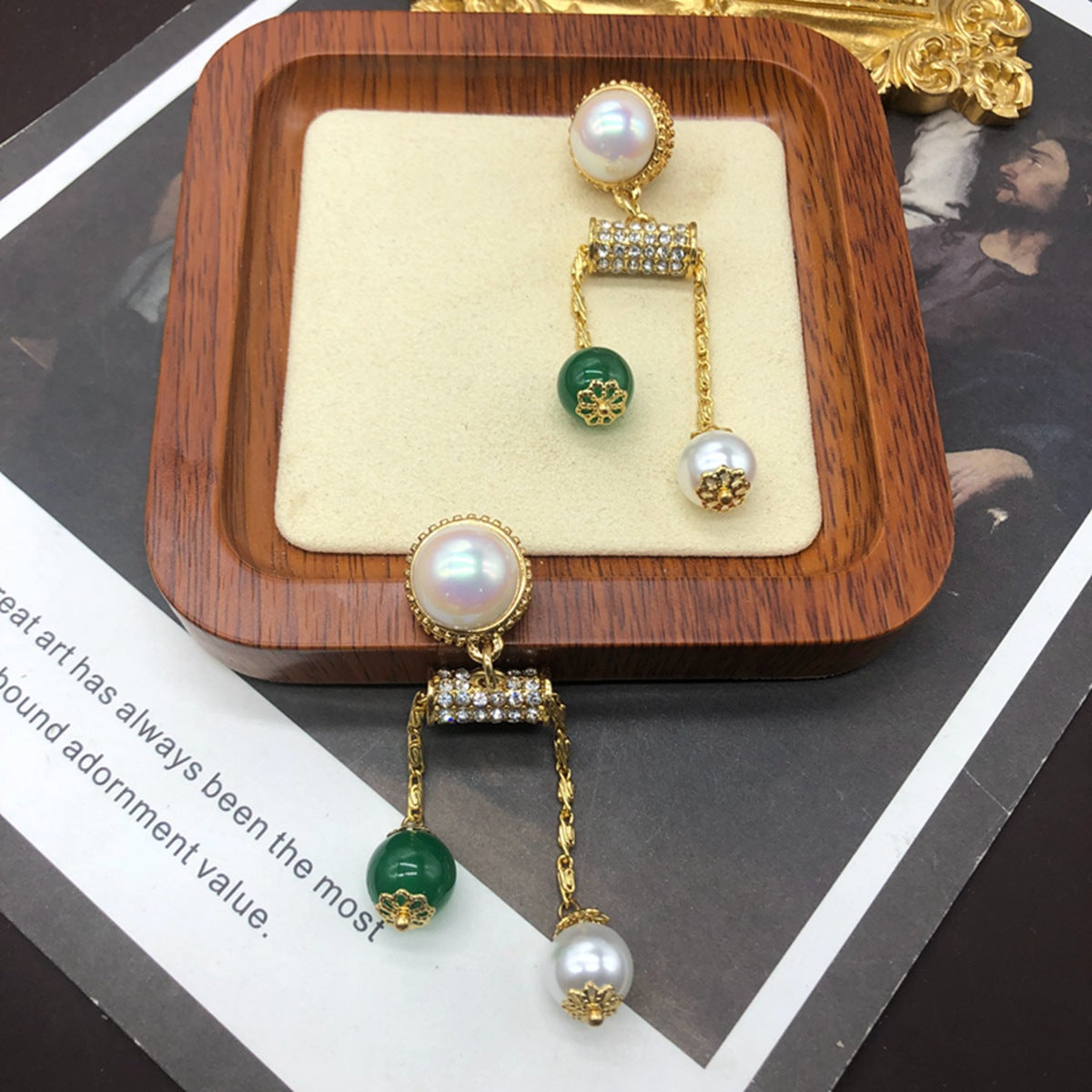 Green & White Luxury Akoya Pearls & Moissanite Diamonds Luxury 18k Vermeil Gold Plated Drop Earrings | Mix Mix Style-Mix MIx Style