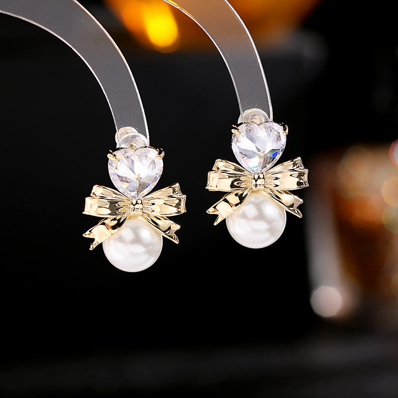 Simple and versatile temperament sweet girl heart earrings s925 silver needle earrings trendy heart-shaped pearl bow earrings-Mix MIx Style