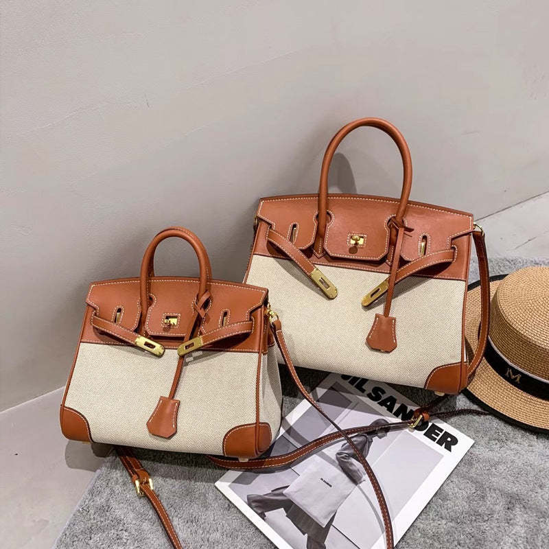 New canvas and leather color matching platinum bag retro fashion large capacity handbag commuter contrast color lock shoulder bag-Mix MIx Style