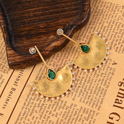Medieval vintage retro silver needle earrings French light luxury palace gold fan leaf pearl earrings earrings-Mix MIx Style