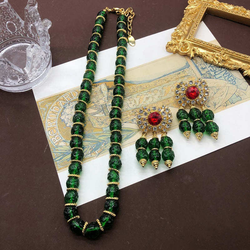 Green & Red Retro Classic Pendant Round Diamond Luxury 18k Gold Plated Necklace Earrings Jewelry Set | Mix Mix Style-Mix MIx Style