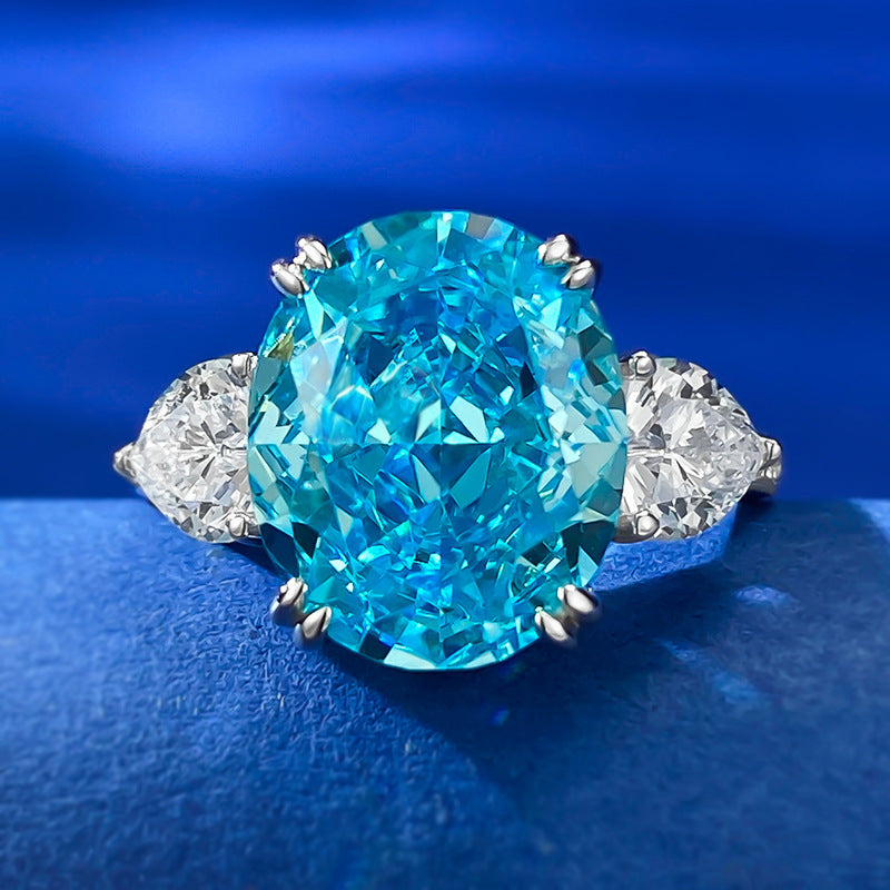Ocean Blue Oval Cut Moissanite Diamond 4ct 18k White Gold Plated Engagement Ring | Mix Mix Style-Mix MIx Style