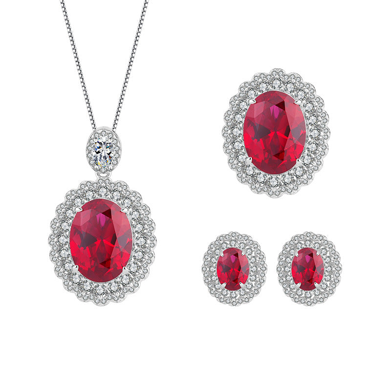 S925 silver European and American fashion set Douyin hot sale imitation ruby dan-shaped pendant ring 16*12 earrings 6*8-Mix MIx Style